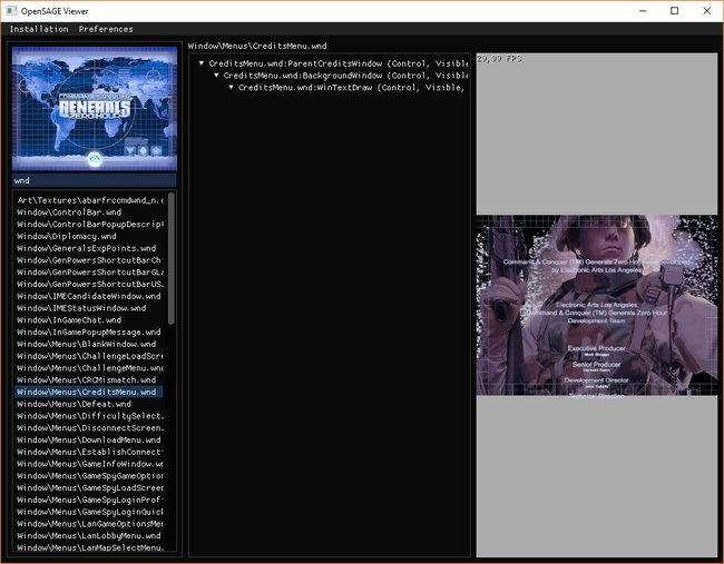 OpenSAGE asset viewer displaying the credits window from Zero Hour.