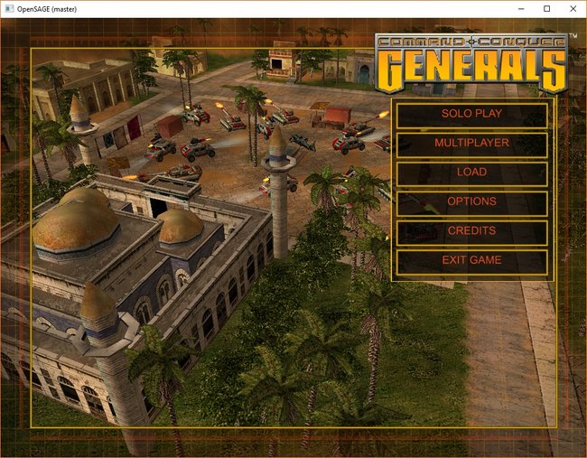 Command & Conquer: Generals main menu, running in OpenSAGE.